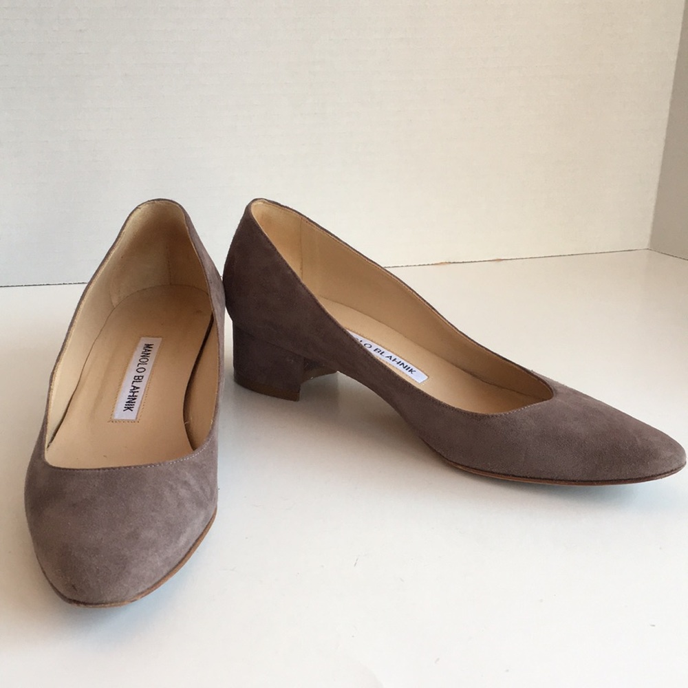 Manolo Blahnik Taupe Suede Low Heels